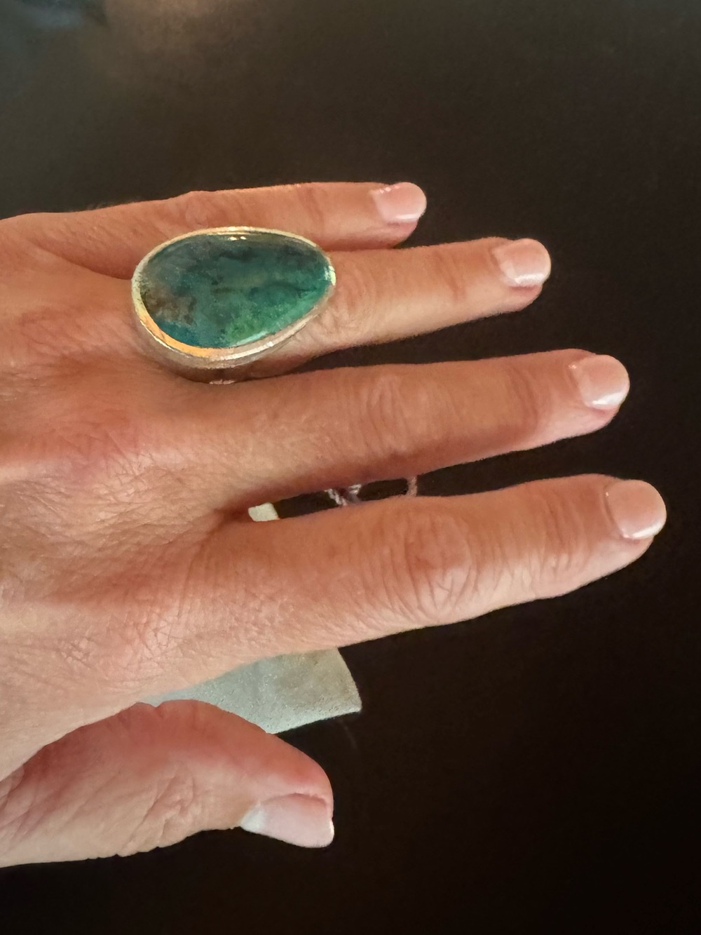 🩷 Heavy Handcrafted Silver 925 Modern Moon Ring 🩷 Green Aqua Turquoise Gemstone